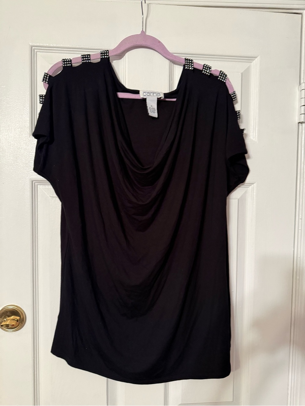 Carina Black Cold-Shoulder Draped Neck Top with Studded Strap Detail